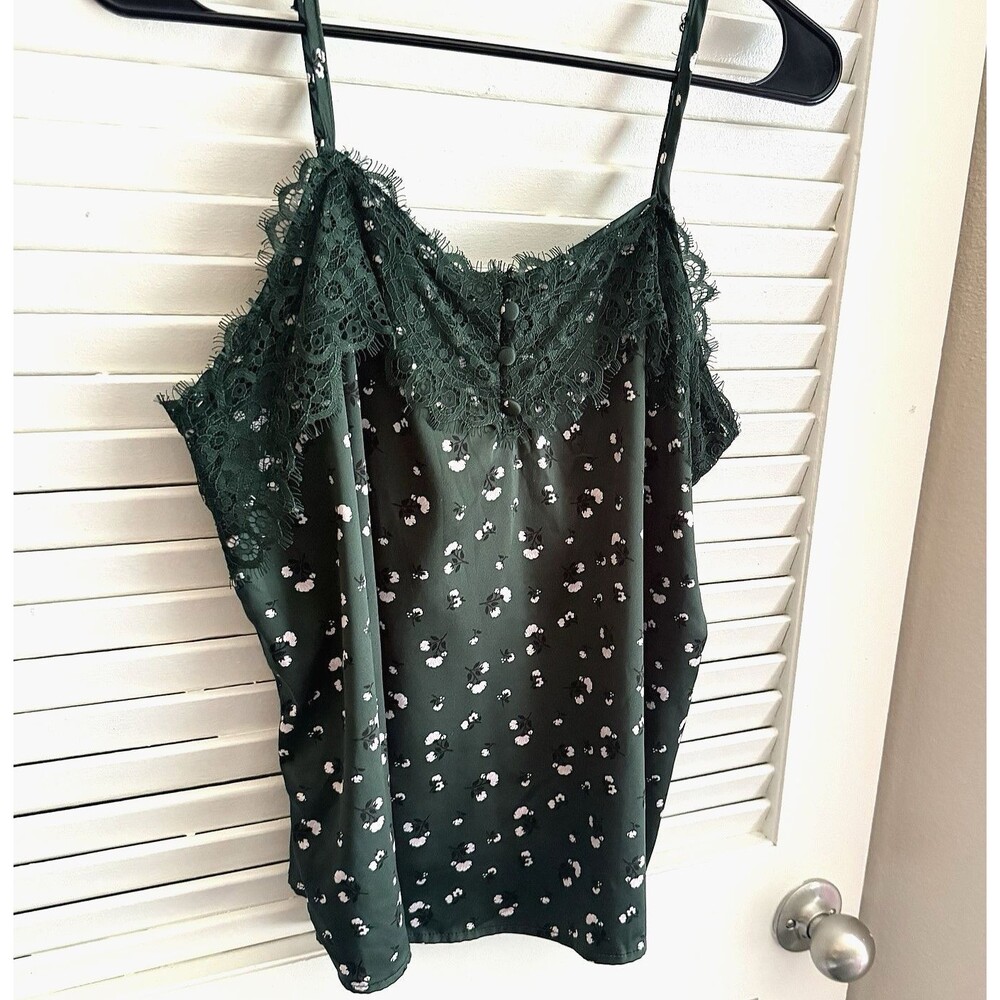 Y2K Forest Green Satin Babydoll Cami Dainty Rosette Lace Trim Cottage Fairy L